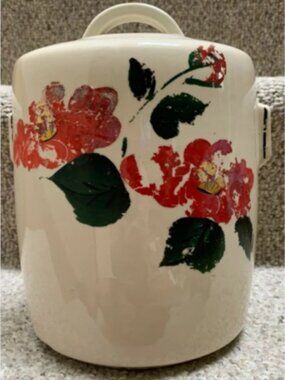 McCoy Pottery Ivory Ceramic Hibiscus Flower Canister Cylinder Cookie Jar